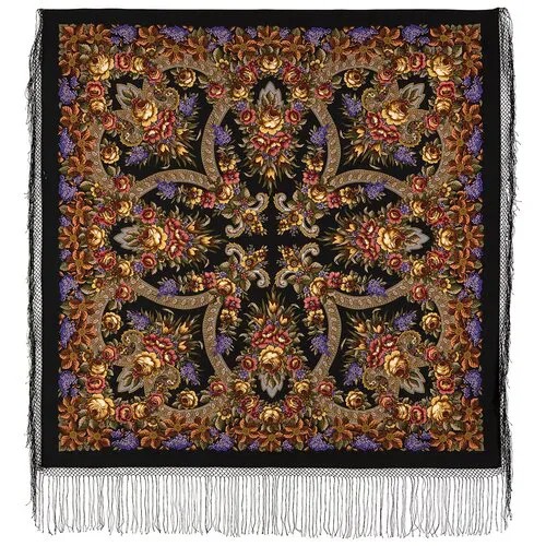 Платок Павловопосадская платочная мануфактура,148х148 см, черный, коричневый