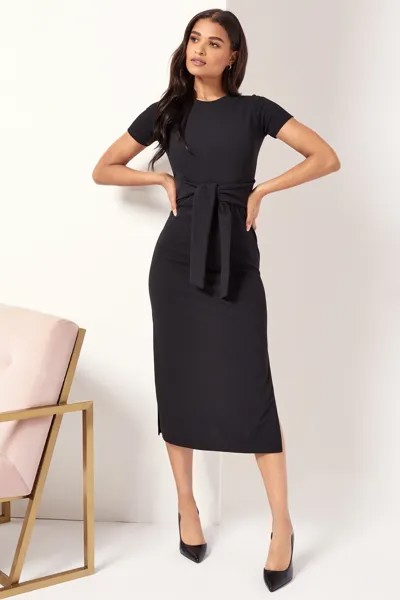 Облегающее платье миди с короткими рукавами и поясом Lipsy, черный
