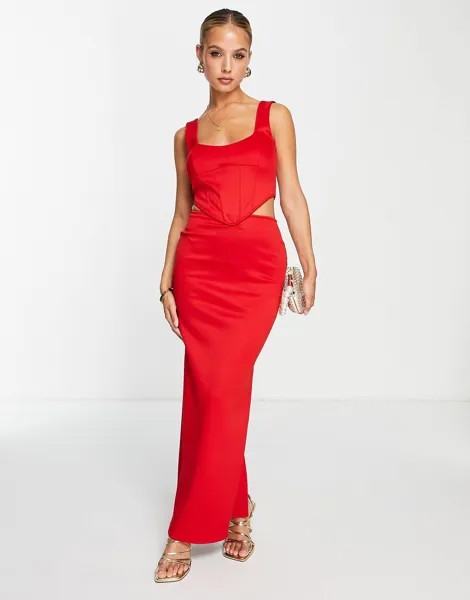 Красное платье макси с глубоким вырезом и корсетом ASOS DESIGN