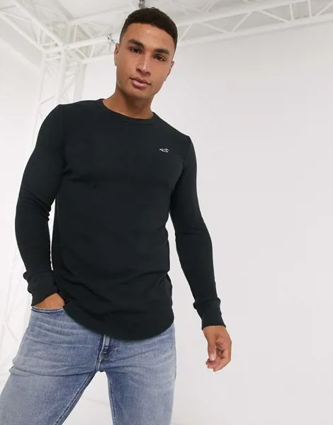 Черный лонгслив вафельной текстуры с закругленным краем Hollister-Синий