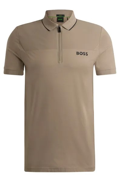 Футболка поло Boss Zip-neck Slim-fit With Mesh Details, хаки