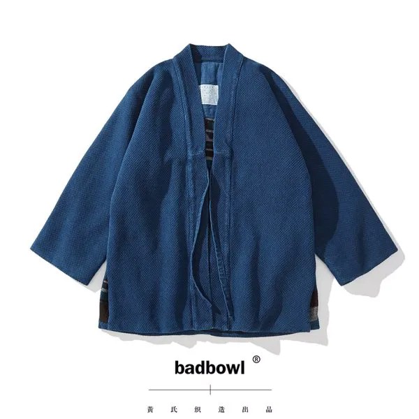 Тканевый окрашенный Индиго дорожный халат BADBOWL, японская ретро-кимоно куртка, мужские Фланелевые жакеты, повседневное пальто