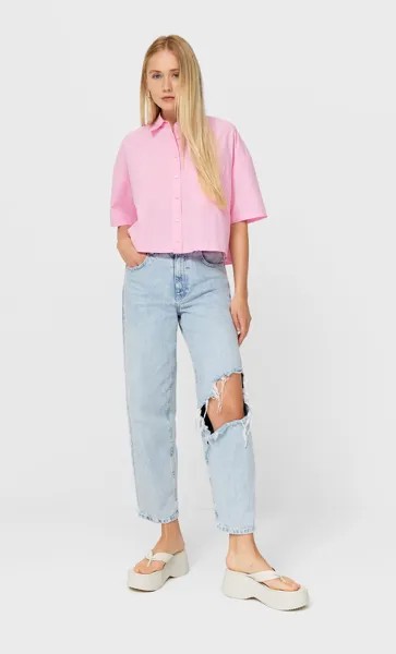 Stradivarius Рубашка С Короткими Рукавами Ярко-Розовый L