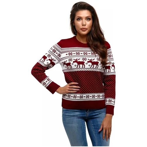 Шерстяной женский свитер, классический скандинавский орнамент с Оленями и снежинками, натуральная шерсть, бордово-белый цвет, размер XS