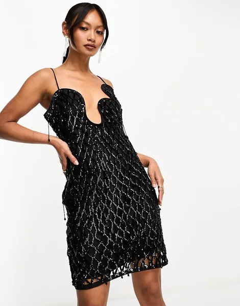 ASOS DESIGN – Черное мини-платье с декоративной сеткой, бахромой и волнистым вырезом