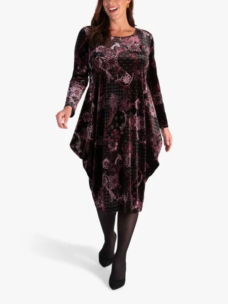 Бархатное драпированное платье миди с принтом Renaissance chesca, черный/розовый/бордовый