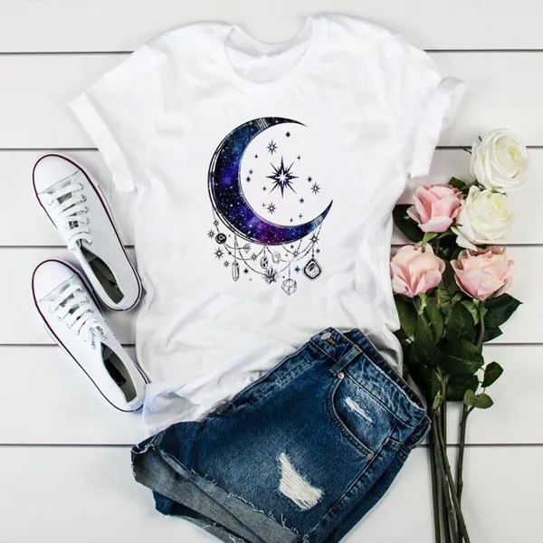 Tee Top Летний Винтаж Moon Dream Web Симпатичный короткий рукав Женская мода Футболка Принт Женщина Женская T Одежда Графические футболки