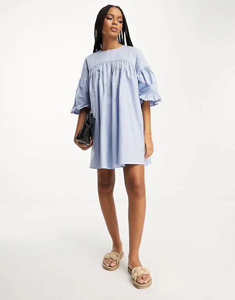 Синее хлопковое свободное платье мини с пышными рукавами и защипами ASOS DESIGN