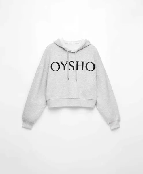 Худи Oysho Cotton Blend Crop Logo Hoodie, бледно-серый меланж