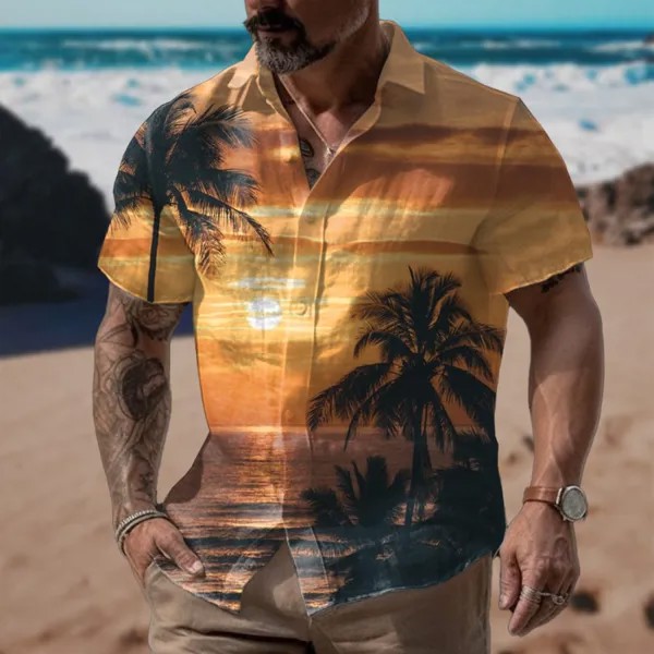 Мужская летняя гавайская пляжная рубашка с коротким рукавом на открытом воздухе