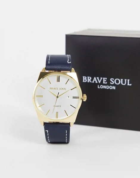 Наручные часы с темно-синим кожаным ремешком, золотистым циферблатом и окошком с датой Brave Soul-Темно-синий