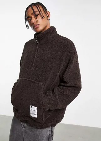 Плюшевый oversized-джемпер коричневого цвета с короткой молнией Bershka-Коричневый цвет