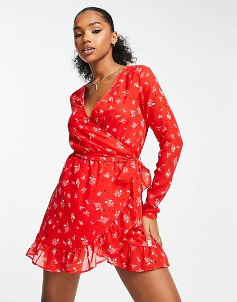 Красное сетчатое платье мини с запахом и рукавами Wednesday's Girl