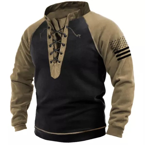 Мужская тактическая толстовка Henley из флиса с американским флагом на шнуровке на открытом воздухе