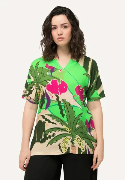 Футболка с принтом TROPICAL LEAF PRINT SPLIT NECK Ulla Popken, зеленый