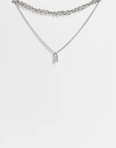 Серебристое ярусное ожерелье из крупной цепи и цепочки с подвеской в виде замочка Topshop-Серебряный