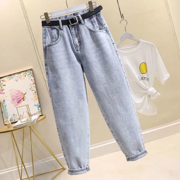 Новинка Осень 2021 женские джинсы большого размера Корейская версия свободных и тонких прямых брюк с высокой талией