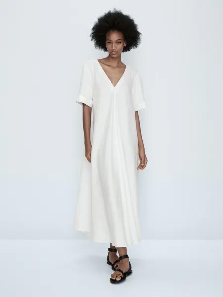 Платье-туника из 100% льна Massimo Dutti, белый