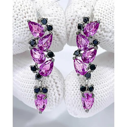 Длинные Серьги Trade Jewelry из серебра 925 пробы (покрытие родий) с александритом и черными фианитами