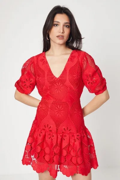 Кружевное мини-платье с V-образным вырезом Dorothy Perkins, красный