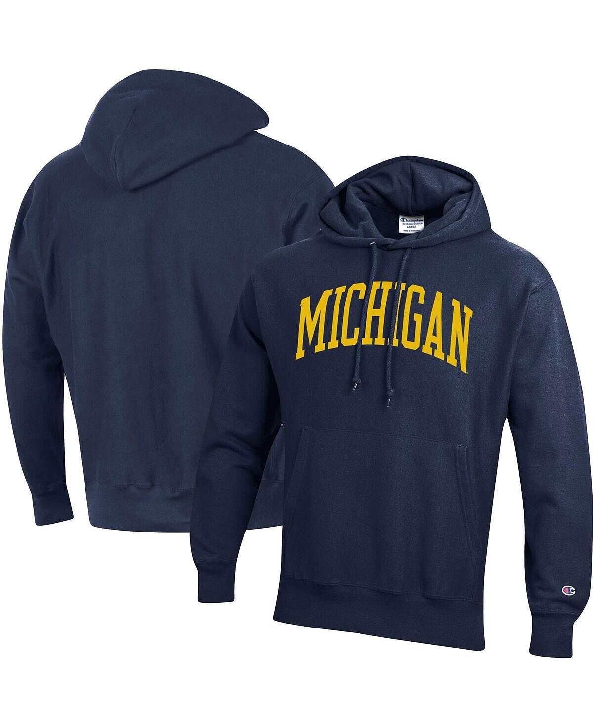 Мужской темно-синий пуловер с капюшоном Michigan Wolverines Team Arch обратного переплетения Champion