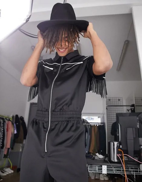 Комбинезон в стиле вестерн с отделкой бахромой ASOS DESIGN-Черный цвет