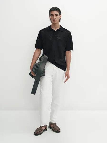 Текстурированный свитер-поло с короткими рукавами Massimo Dutti, синий