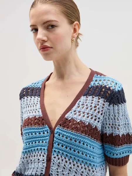 Кардиган связан крючком ажурной манишкой Ovs, цвет blue/brown