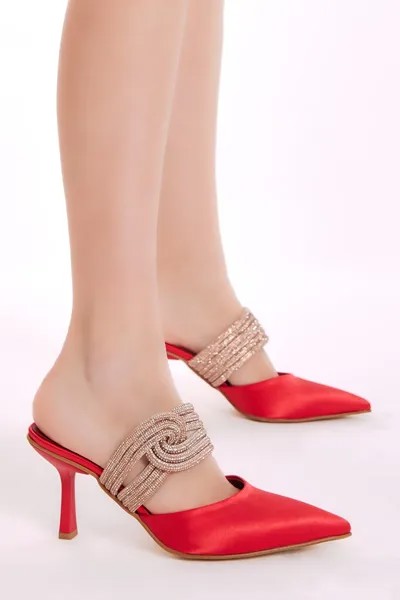 Красные женские тапочки на каблуке с острым носком и вышивкой из серии Gecce Series TONNY BLACK