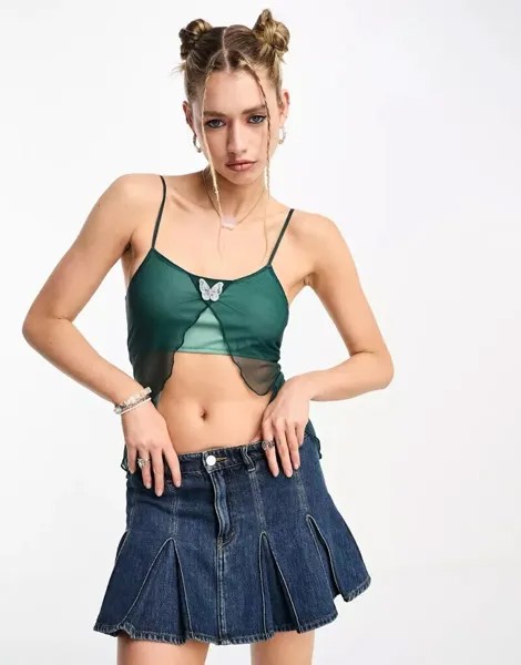 Бирюзовый топ на бретелях из сетки с открытым передом и бабочкой Tammy Girl