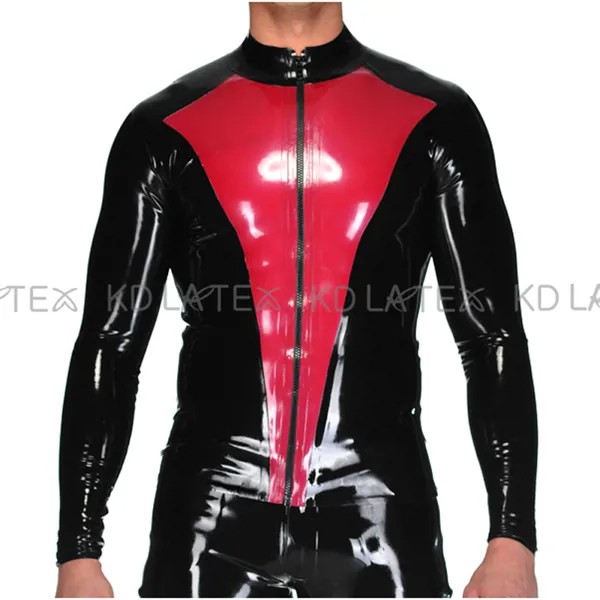 Черные и металлические красные щиты в форме спереди сексуальные латексный пиджак на молнии резиновое Пальто Верхняя YF-0180