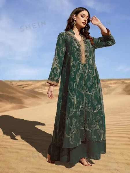 SHEIN Najma Платье свободного кроя с вышивкой и зубчатым воротником, темно-зеленый