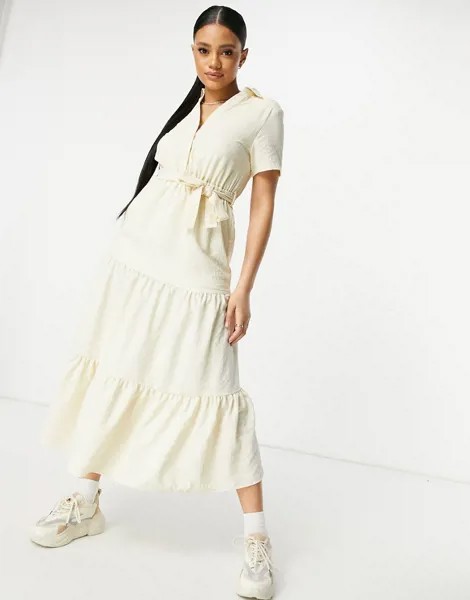 Ярусное тканое платье-рубашка миди цвета экрю Unique21-Белый