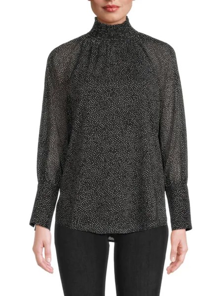 Блузка в горошек со сборками Donna Karan, цвет Black Multi