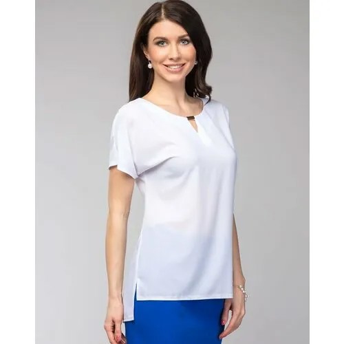Блуза Белая блузка женская с коротким рукавом, золотистая вставка на вырезе, боковые разрезы, спинка удлинена, вискоза, размер 44, белый