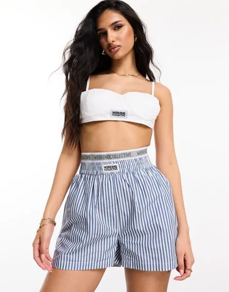 Короткие шорты с эластичным поясом и логотипом ASOS Weekend Collective в сине-белую полоску