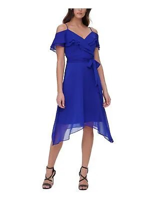 DKNY Женское синее платье миди с расклешенными рукавами и завязками на носовой платок 2