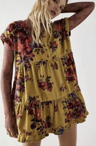 Мини-платье Free People Harper с цветочным принтом и бархатным шнуром с рюшами золотистого, розового и синего цвета, XL, NWT