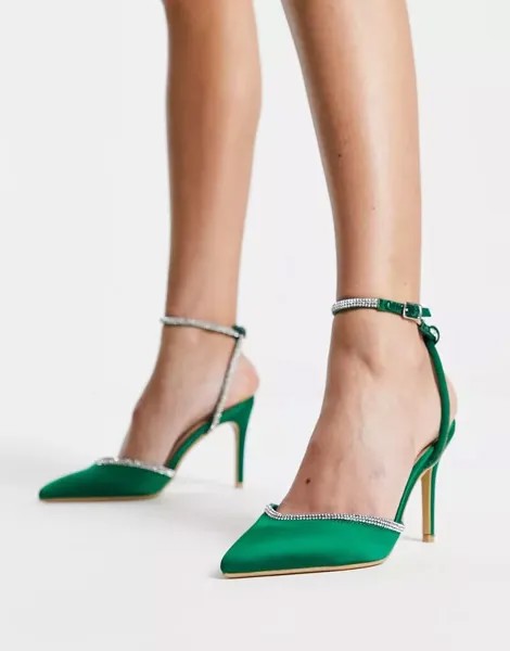 Ярко-зеленые атласные туфли на среднем каблуке со стразами и ремешком на щиколотке New Look