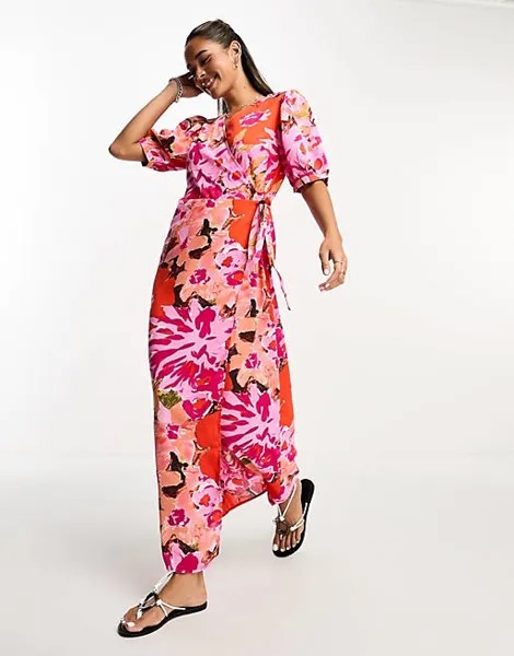 Платье макси с запахом Vila с абстрактным розовым принтом