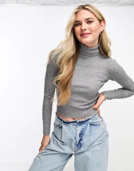 Серая вязаная рубашка-поло с длинными рукавами Pull&Bear