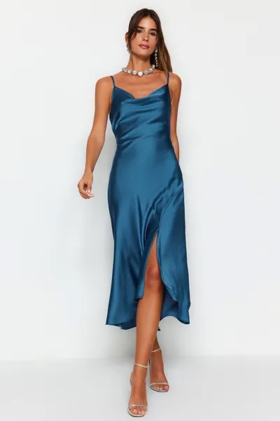 Атласное вечернее платье на масляной подкладке Trendyol, синий
