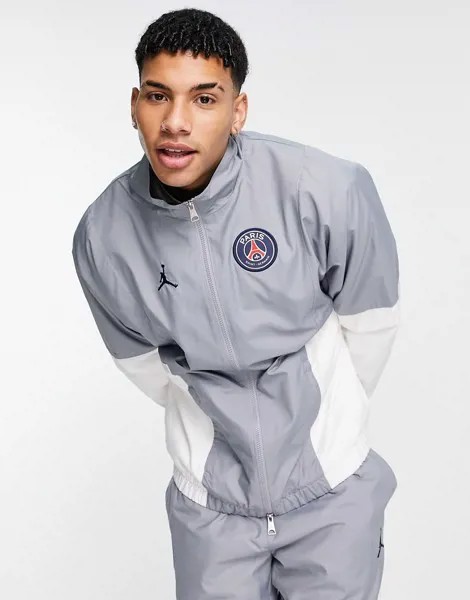 Спортивная куртка серого и белого цвета на молнии Nike Jordan Paris Saint-Germain-Серый