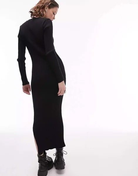 Черное трикотажное платье в рубчик с квадратным вырезом Topshop