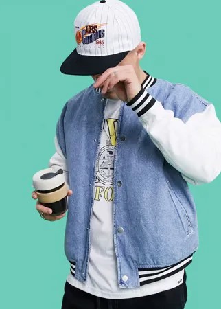 Голубой джинсовый oversized-бомбер в университетском стиле с окантовкой ASOS DESIGN