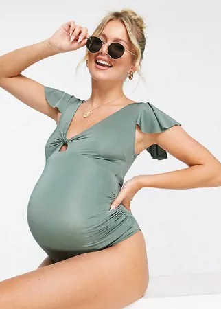 Слитный купальник цвета хаки с рукавами клеш и узлом спереди ASOS DESIGN Maternity-Зеленый цвет