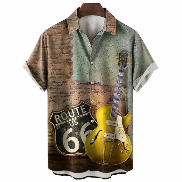 Мужская винтажная гавайская пляжная рубашка Route 66 с гитарным принтом