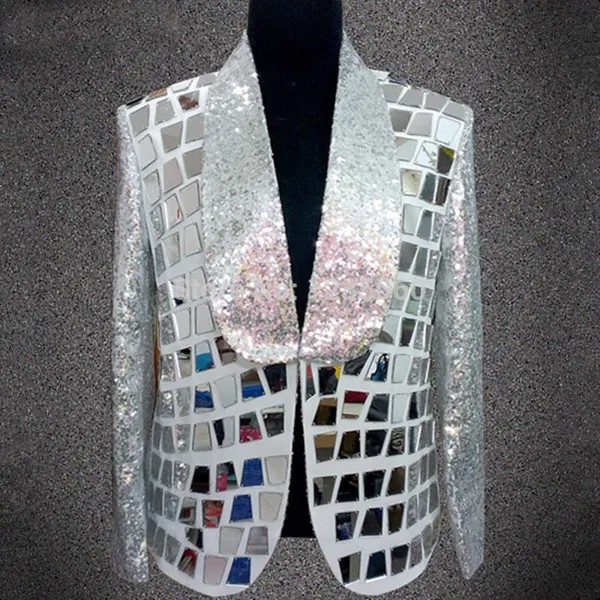 Представление бар рок певица Сценические костюмы мужские белые зеркальные блейзеры пальто наряд серебряные блёстки выпускной вечер шоу куртка певца