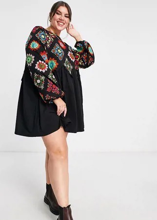 Черное свободное платье мини с ажурной вышивкой ASOS DESIGN Curve-Черный цвет