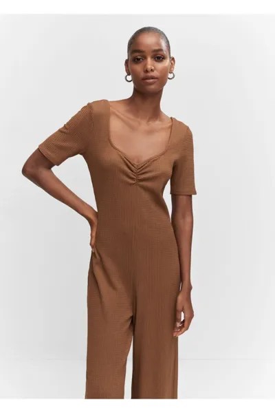 Длинный комбинезон присборенный Mango, коричневый